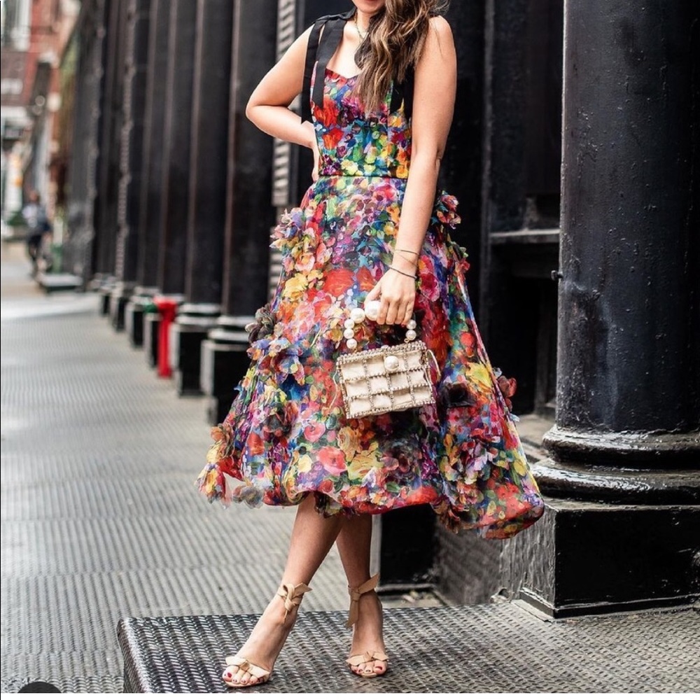 Marchesa Notte Black Floral Organza Gown Size 8
